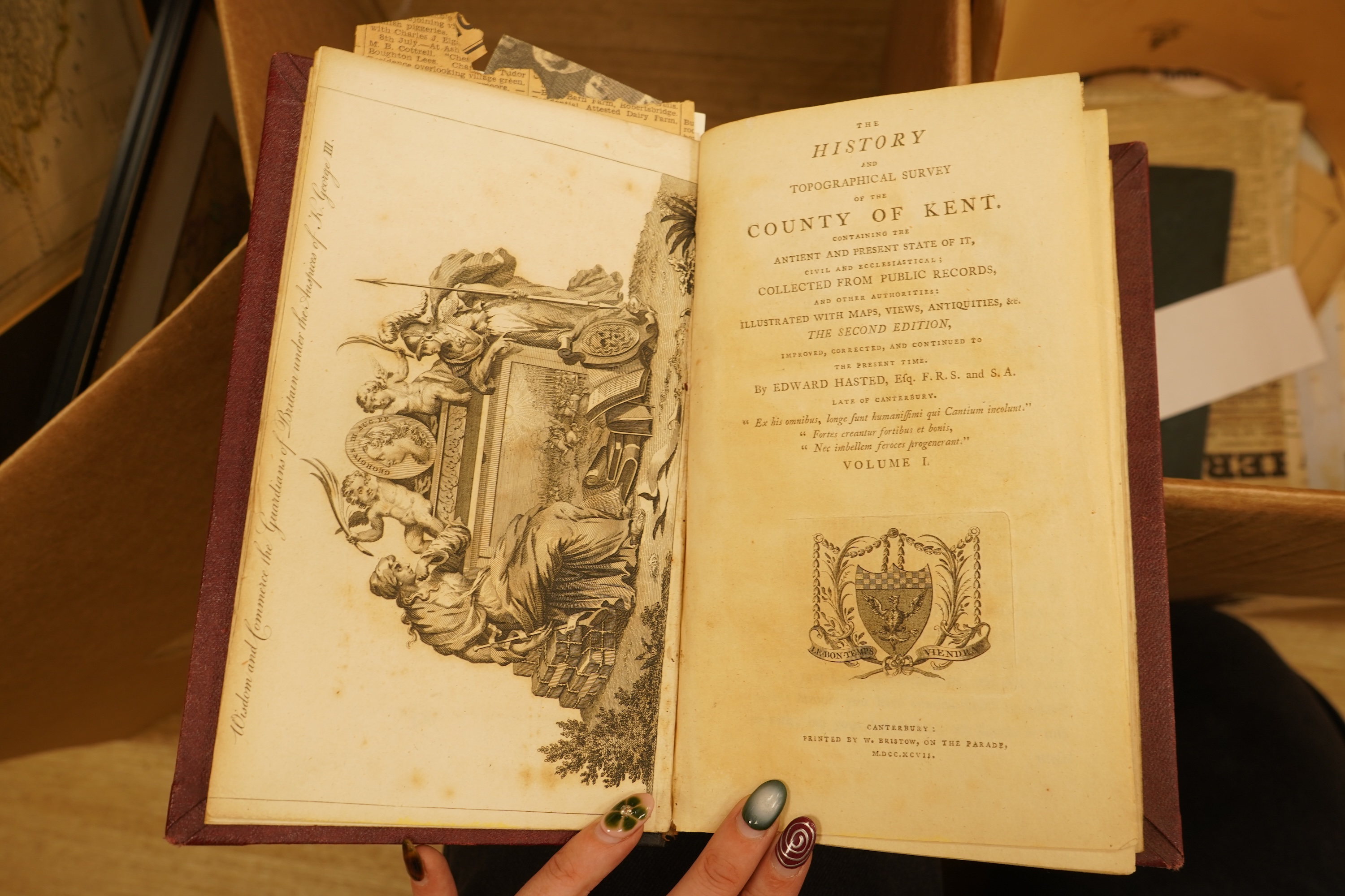 Hasted, Edward - Atlas for the first edition of Kent (4 vols., 1778-99). 31 d-page maps (only); old leather backed marbled boards (distressed), folio.; The West Kent Poll Book (1847), together with those for 1835 and 183